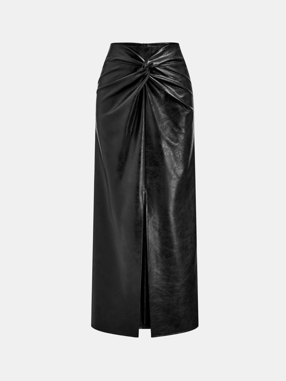 Commense Black Faux Leather Knot-Front Maxi Skirt